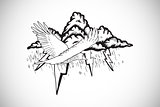 Composite image of bird flying in a storm doodle