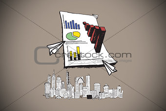 Composite image of data analysis doodles over cityscape