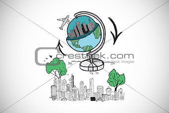 Composite image of global travel doodle over cityscape
