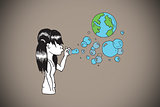 Composite image of girl blowing earth bubbles