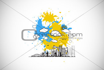 Composite image of cityscape graphic on paint splashes