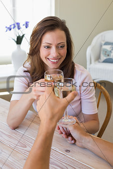 Couple toasting wine glasses at home