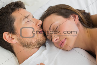 Relaxed couple sleeping together in bed