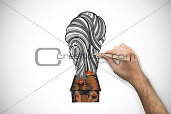 Composite image of hand holding a pencil