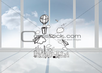 Composite image of hot air balloon over city