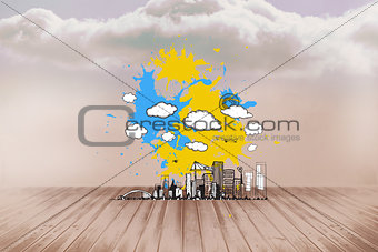 Composite image of cityscape graphic on paint splashes