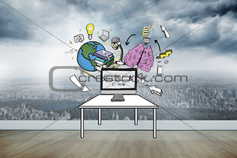 Composite image of computer with brainstorm doodles
