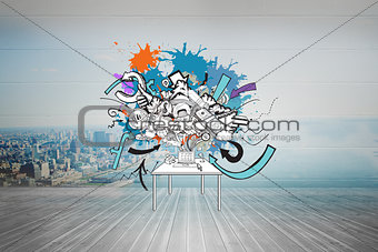Composite image of computer icons and arrows on paint splashes