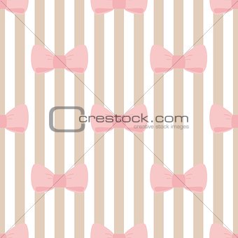 Seamless vector pattern with pastel pink bows on a light brown and white stripes background.