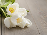 white tulips on old wood table