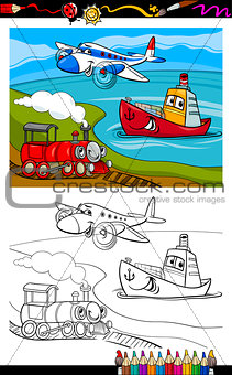 cartoon plane train ship coloring page