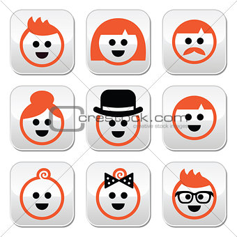 People with ginger vector hair buttons set