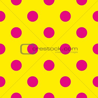 Seamless pattern with big pastel pink polka dots on a sunny yellow background.