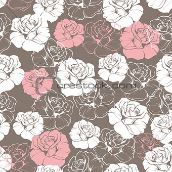 Seamless retro floral pattern with white and pink roses flower on brown background.