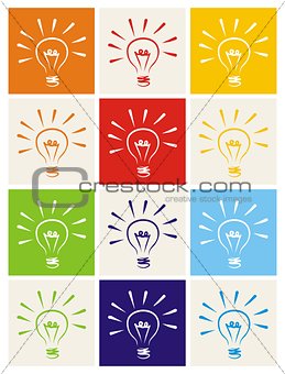 Light bulb vector icon set - hand drawn colorful doodle collection isolated on white background