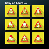 Vector flat baby on board sign set