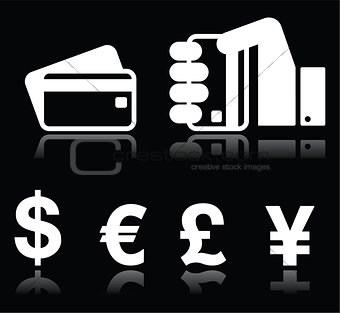Credit or debit card, currency exchange white icons on black