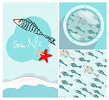 Set of nautical themed designs with swimming fish