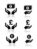 Hands with pound banknote, coin vector icons set