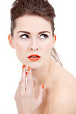 perfect beauty woman face with orange lips isolated