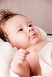 sweet little baby infant toddler on blanket in basket