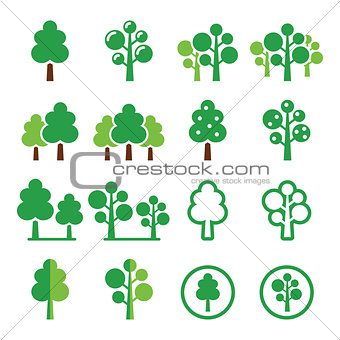 Trees, forest, park vector green icons set