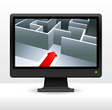 business maze with arrow on computer screen internet background