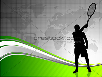 Tennis Player with World Map on Abstract Background