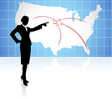 Young businesswoman pointing at US map