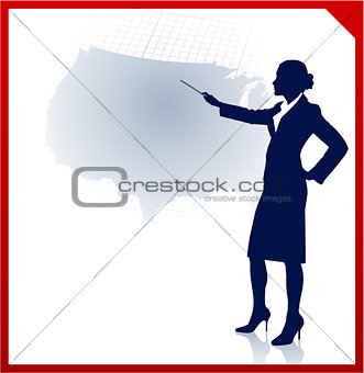 Young businesswoman pointing at usa map