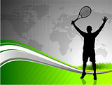 Tennis Player with World Map on Abstract Background