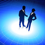 businessman and businesswoman blue internet background with bina