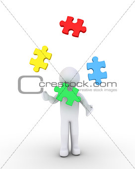 Person juggling puzzle pieces