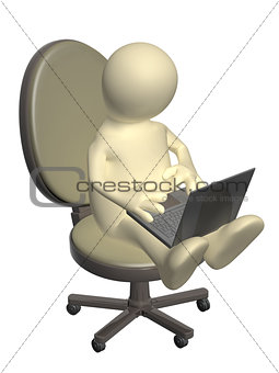 3d puppet, sitting with a laptop
