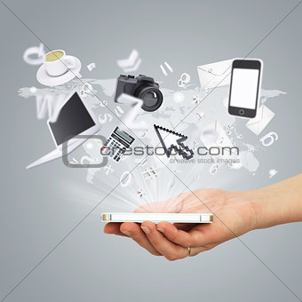 Hand holding smartphone. Concept electronics