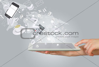 Hands holding tablet pc. Office work concept