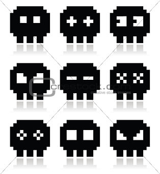 Pixelated 8bit skull vector icons set