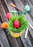 Colorful painted Easter egg on a fresh green grass