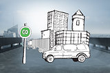 Composite image of van on street with go sign doodle