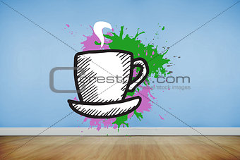 Composite image of cup and saucer on paint splashes