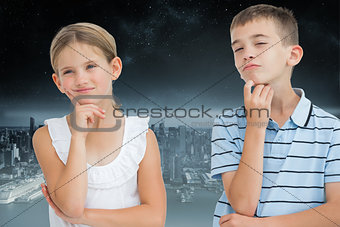 Composite image of thoughtful brother and sister posing together