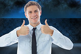 Composite image of businessman showing thumbs up