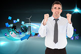 Composite image of portrait of a cheerful businessman with the fists up