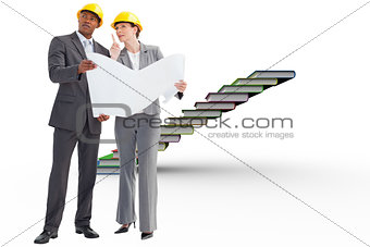 Composite image of business people wearing hard hats are discussing