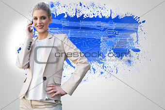 Composite image of cheerful elegant businesswoman on the phone