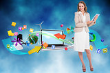 Composite image of happy pretty businesswoman holding a tablet pc