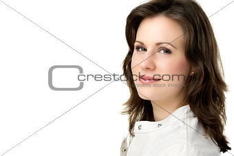 Brunette woman with white leather jacket