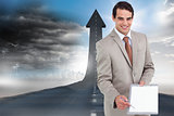 Composite image of smiling salesman asking for signature
