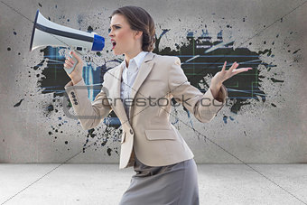 Composite image of furious stylish brown haired businesswoman shouting in a megaphone