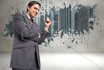 Composite image of thoughtful businessman holding pen